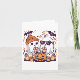 Cute Ghost Drinking Coffee Funny Halloween Costume Card