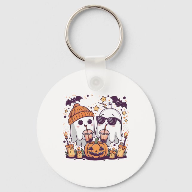 Cute Ghost Drinking Coffee Funny Halloween Costume Keychain (Front)