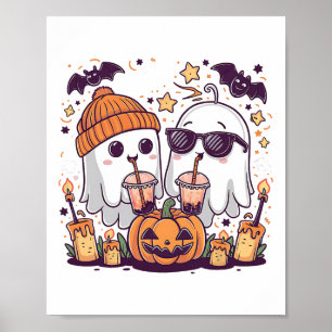 Cute Ghost Drinking Coffee Funny Halloween Costume Poster