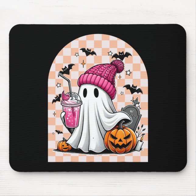 Cute Ghost Drinking Coffee Ghost Halloween Chequer Mouse Pad (Front)