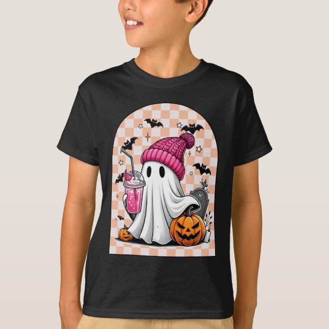 Cute Ghost Drinking Coffee Ghost Halloween Chequer T-Shirt (Front)
