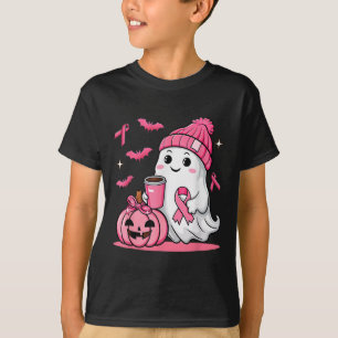 Cute Ghost Drinking Coffee Halloween Breast Cancer T-Shirt