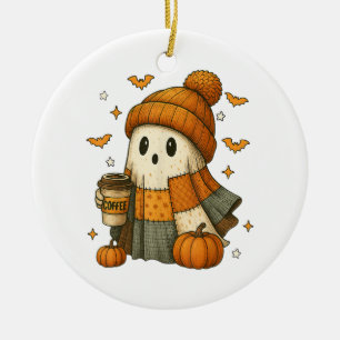 Cute Ghost Drinking Coffee Halloween Ceramic Ornament