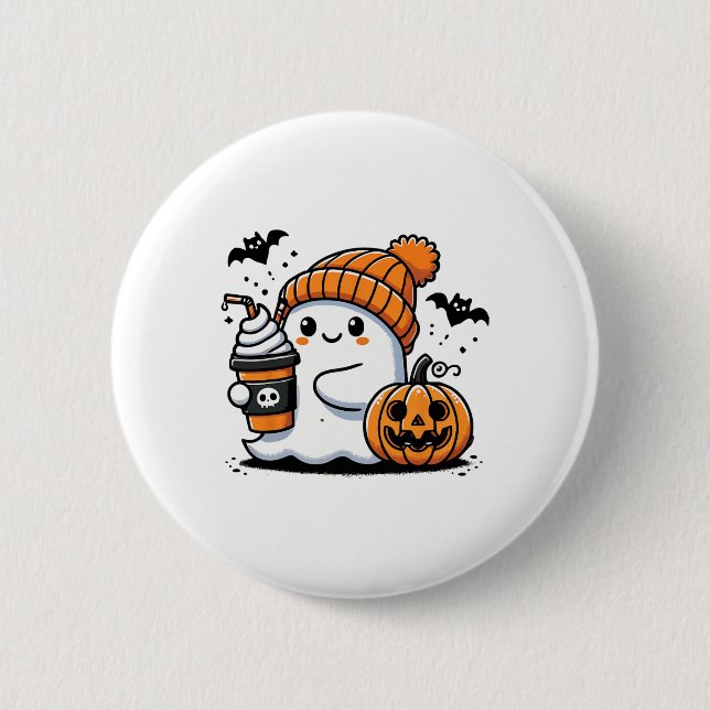 Cute Ghost Drinking Coffee Halloween Coffee Lovers 2 Inch Round Button (Front)