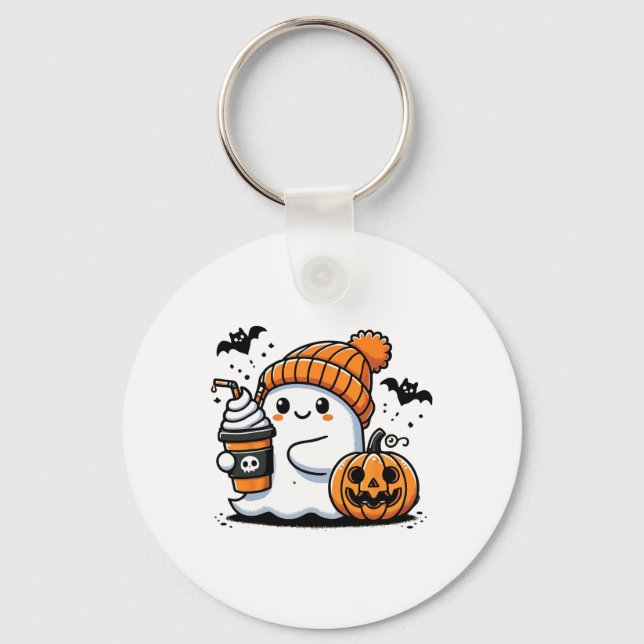 Cute Ghost Drinking Coffee Halloween Coffee Lovers Keychain (Front)