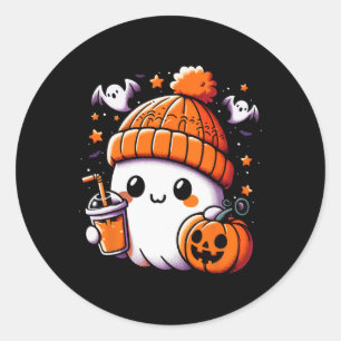 Cute Ghost Drinking Coffee Halloween Coffee Womens Classic Round Sticker