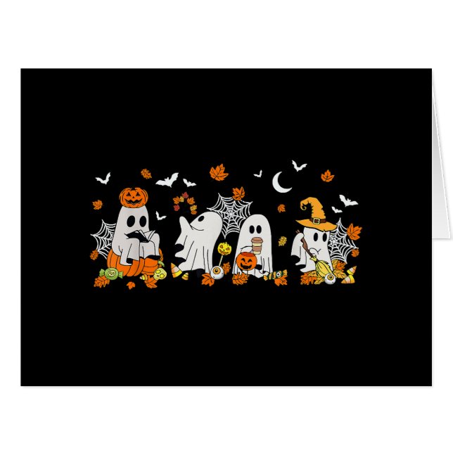 Cute Ghost Drinking Coffee Halloween Fall Ghost Bo (Front Horizontal)
