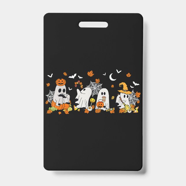 Cute Ghost Drinking Coffee Halloween Fall Ghost Bo Badge (Front)