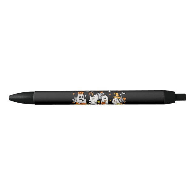 Cute Ghost Drinking Coffee Halloween Fall Ghost Bo Black Ink Pen (Front)