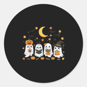 Cute Ghost Drinking Coffee Halloween Fall Ghost Bo Classic Round Sticker