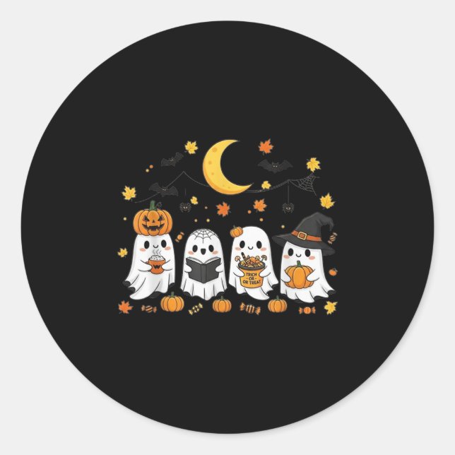 Cute Ghost Drinking Coffee Halloween Fall Ghost Bo Classic Round Sticker (Front)