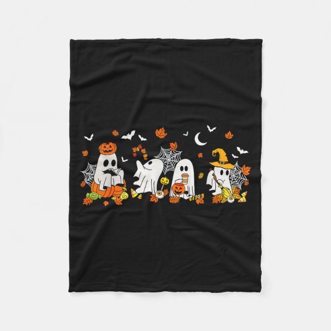 Cute Ghost Drinking Coffee Halloween Fall Ghost Bo Fleece Blanket (Front)