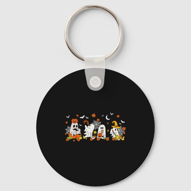 Cute Ghost Drinking Coffee Halloween Fall Ghost Bo Keychain (Front)