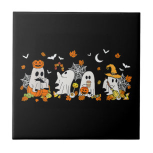 Cute Ghost Drinking Coffee Halloween Fall Ghost Bo Tile