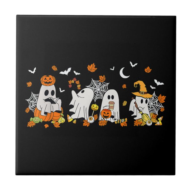 Cute Ghost Drinking Coffee Halloween Fall Ghost Bo Tile (Front)