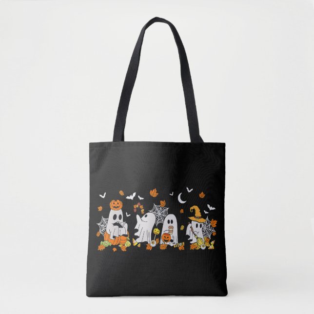 Cute Ghost Drinking Coffee Halloween Fall Ghost Bo Tote Bag (Front)