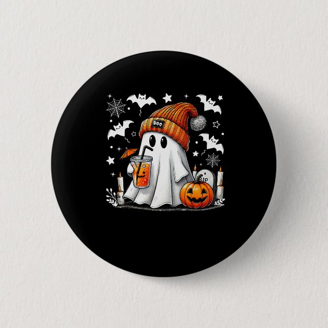 Cute Ghost Drinking Coffee Halloween Ghost Coffee  2 Inch Round Button (Front)