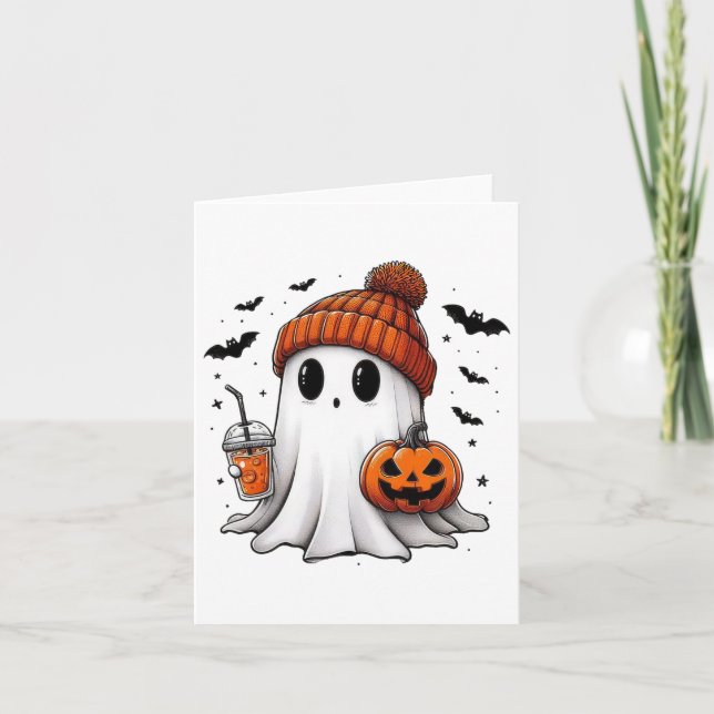 Cute Ghost Drinking Coffee Halloween Ghost Coffee  Card (Front)