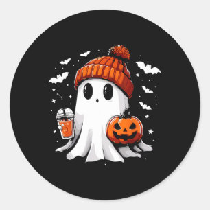 Cute Ghost Drinking Coffee Halloween Ghost Coffee  Classic Round Sticker