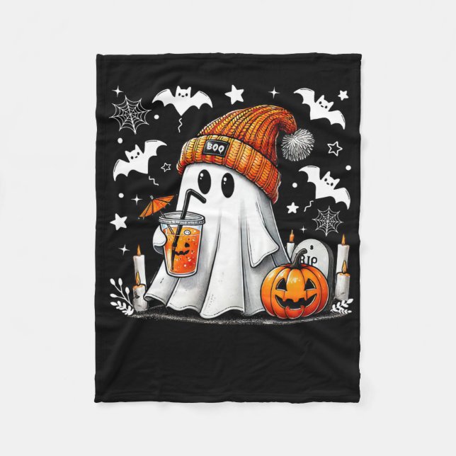 Cute Ghost Drinking Coffee Halloween Ghost Coffee  Fleece Blanket (Front)