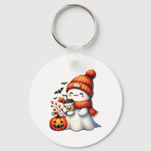 Cute Ghost Drinking Coffee Halloween Ghost Coffee Keychain