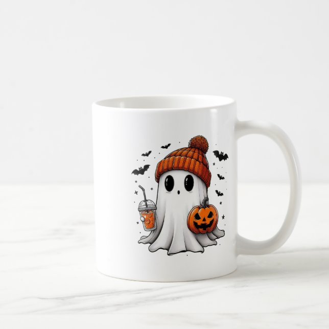 Cute Ghost Drinking Coffee Halloween Ghost Coffee  Mug (Right)