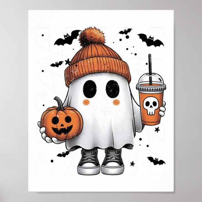 Cute Ghost Drinking Coffee Halloween Ghost Coffee  Poster (Front)