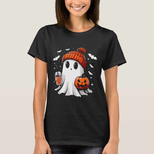 Cute Ghost Drinking Coffee Halloween Ghost Coffee  T-Shirt (Front)