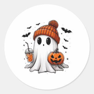 Cute Ghost Drinking Coffee Halloween Ghost Ice Cof Classic Round Sticker