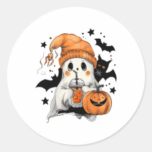 Cute Ghost Drinking Coffee Halloween Ghost Ice Cof Classic Round Sticker
