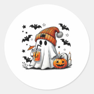 Cute Ghost Drinking Coffee Halloween Ghost Ice Cof Classic Round Sticker