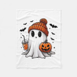 Cute Ghost Drinking Coffee Halloween Ghost Ice Cof Fleece Blanket