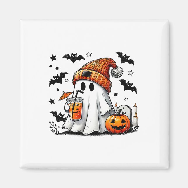 Cute Ghost Drinking Coffee Halloween Ghost Ice Cof Magnet (Front)
