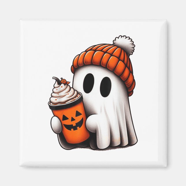 Cute Ghost Drinking Coffee Halloween Ghost Ice Cof Magnet (Front)