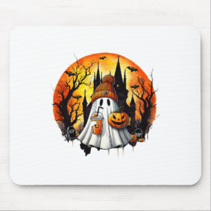 Cute Ghost Drinking Coffee Halloween Ghost Ice Cof Mouse Pad