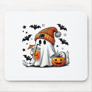 Cute Ghost Drinking Coffee Halloween Ghost Ice Cof Mouse Pad