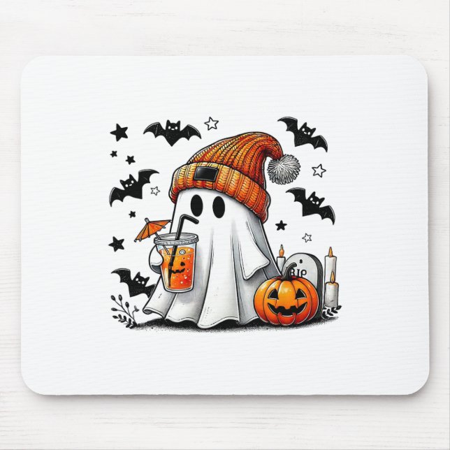 Cute Ghost Drinking Coffee Halloween Ghost Ice Cof Mouse Pad (Front)