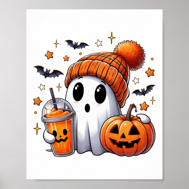 Cute Ghost Drinking Coffee Halloween Ghost Ice Cof Poster (Front)