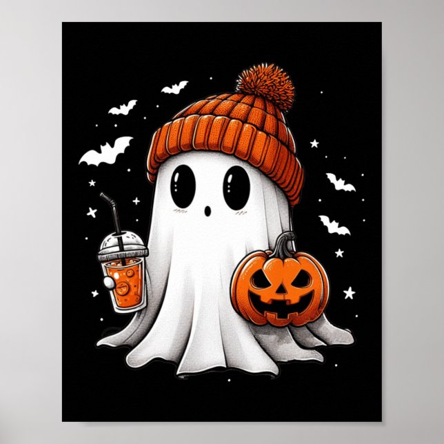 Cute Ghost Drinking Coffee Halloween Ghost Ice Cof Poster (Front)
