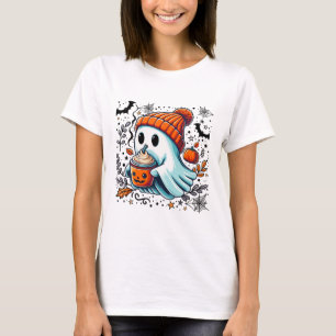 Cute Ghost Drinking Coffee Halloween Ghost Ice Cof T-Shirt
