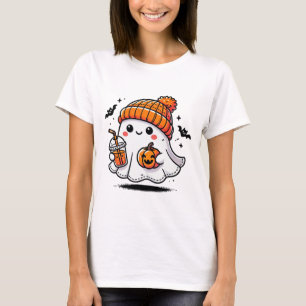 Cute Ghost Drinking Coffee Halloween Ghost Ice Cof T-Shirt