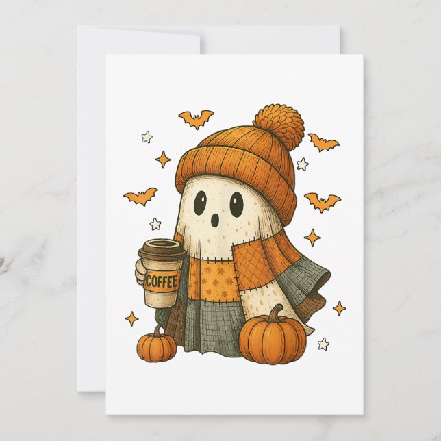 Cute Ghost Drinking Coffee Halloween  Holiday Card (Front)