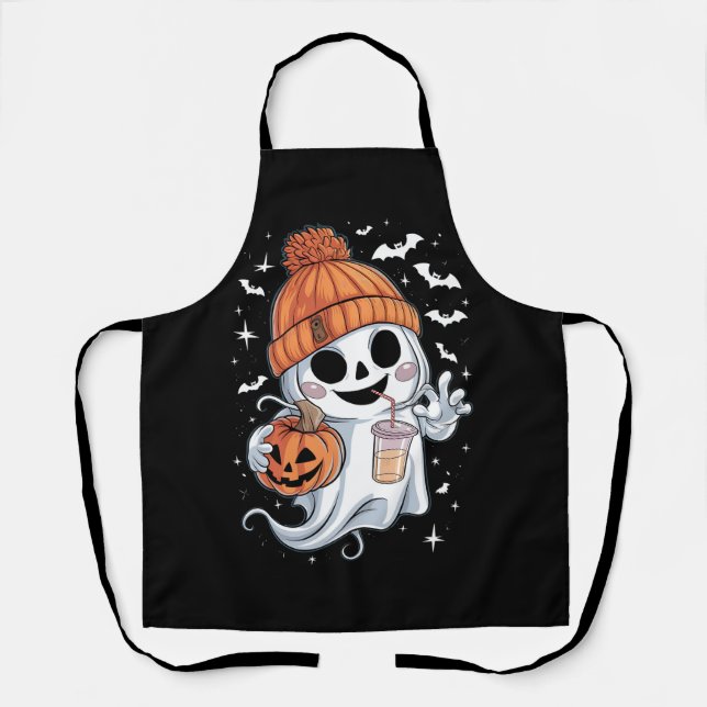 Cute Ghost Drinking Coffee Halloween Iced Coffee Apron (Front)