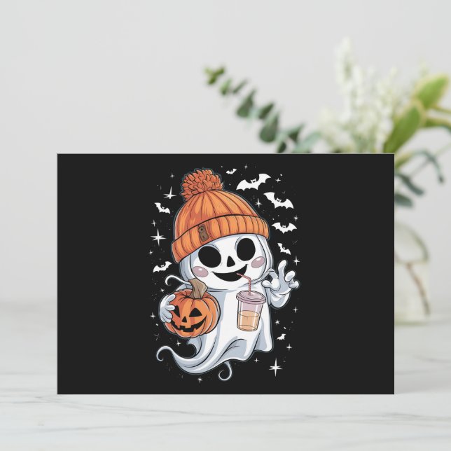 Cute Ghost Drinking Coffee Halloween Iced Coffee Invitation (Standing Front)