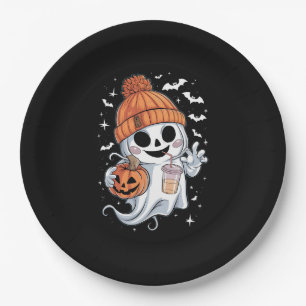 Cute Ghost Drinking Coffee Halloween Iced Coffee Paper Plate