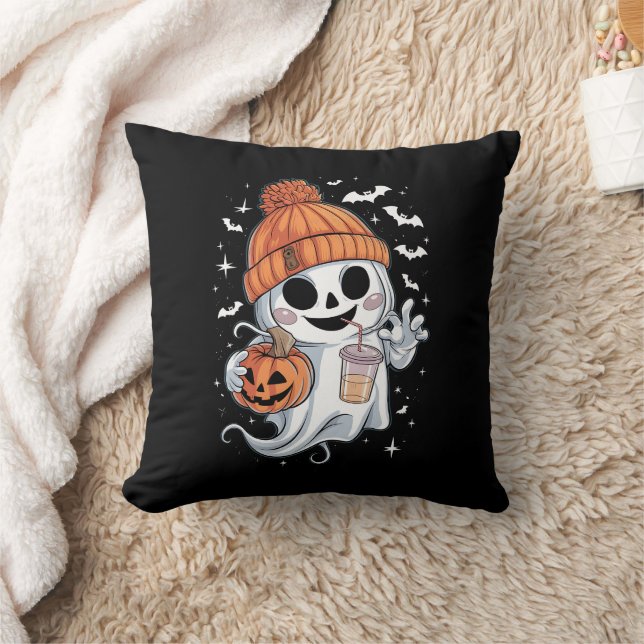 Cute Ghost Drinking Coffee Halloween Iced Coffee Throw Pillow (Blanket)