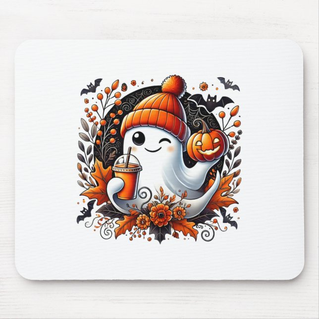 Cute Ghost Drinking Coffee Halloween Theme Spooky  Mouse Pad (Front)
