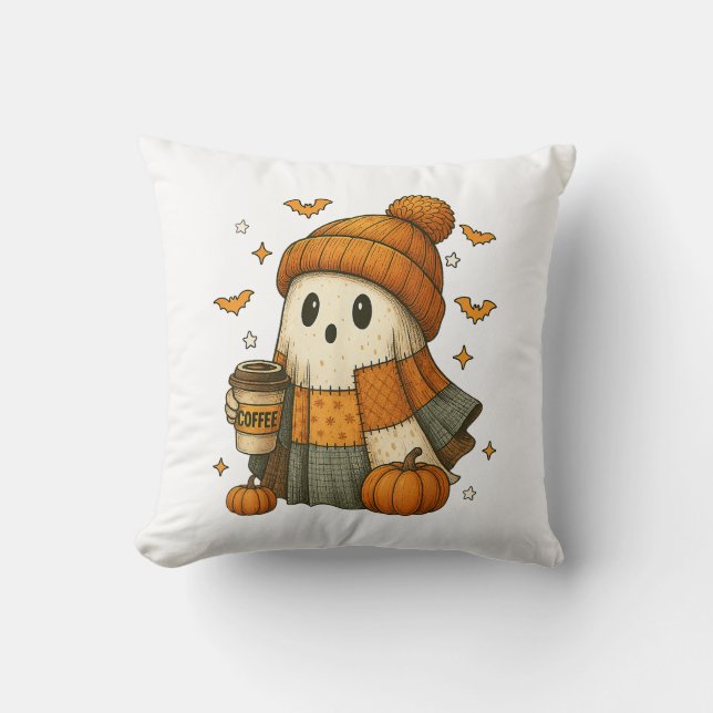 Cute Ghost Drinking Coffee Halloween  Throw Pillow (Front)