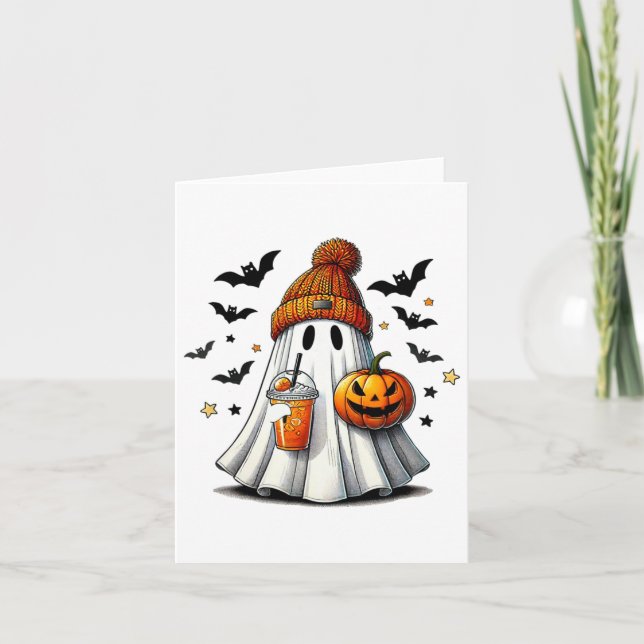 Cute Ghost Drinking Coffee Halloween Womens  Card (Front)