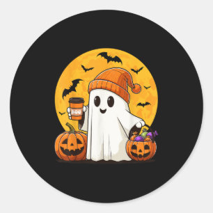 Cute Ghost Drinking Coffee Pumpkin Boo Funny Hallo Classic Round Sticker